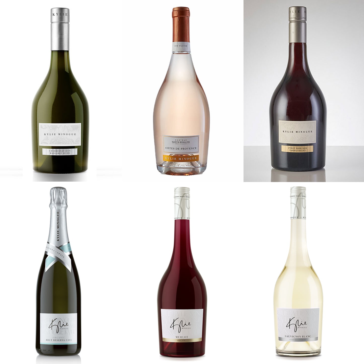 Kylie Minogue Merlot  Kylie Minogue Pinot Noir  Kylie Minogue Sauvignon Blanc  Kylie Minogue Organic Brut Reserva Cava  Kylie Minogue Margaret River Chardonnay  Kylie Minogue Côtes de Provence Cru Classé Rosé