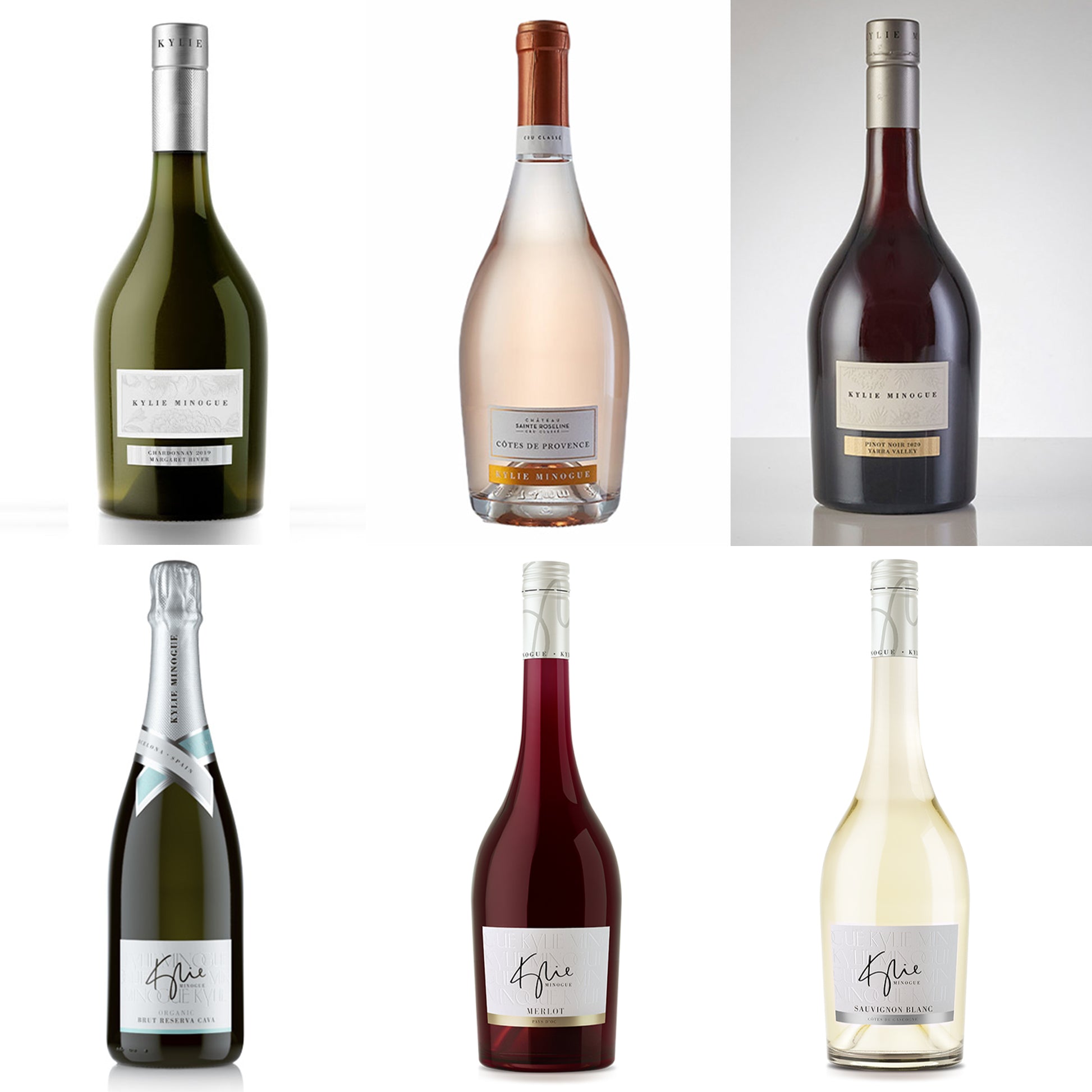 Kylie Minogue Merlot  Kylie Minogue Pinot Noir  Kylie Minogue Sauvignon Blanc  Kylie Minogue Organic Brut Reserva Cava  Kylie Minogue Margaret River Chardonnay  Kylie Minogue Côtes de Provence Cru Classé Rosé
