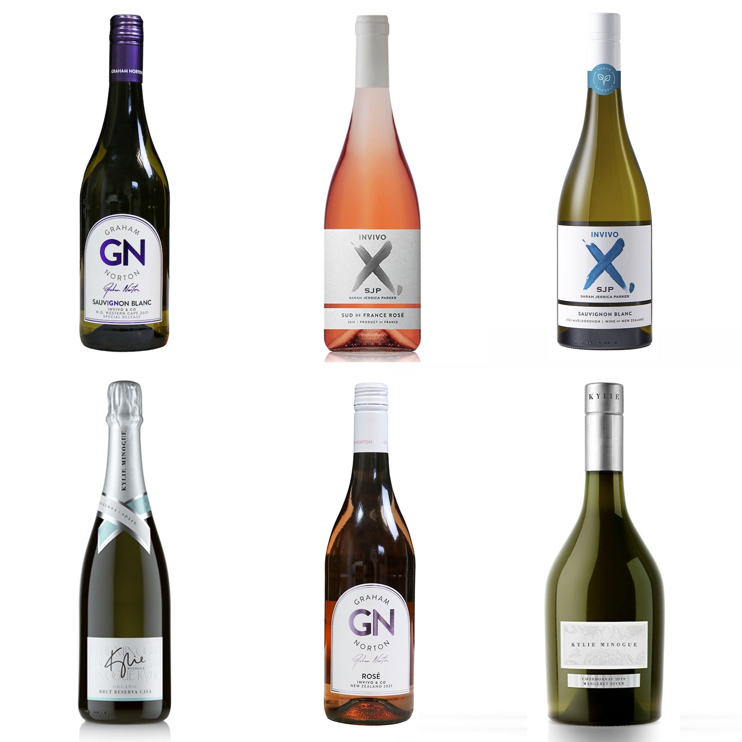 Kylie Minogue Margaret River Chardonnay  Kylie Minogue Organic Brut Reserva Cava  Invino X Sarah Jessica Parker Rosé  Invino X Sarah Jessica Parker Sauvignon Blanc  Graham Norton Rosé  Graham Norton Sauvignon Blanc