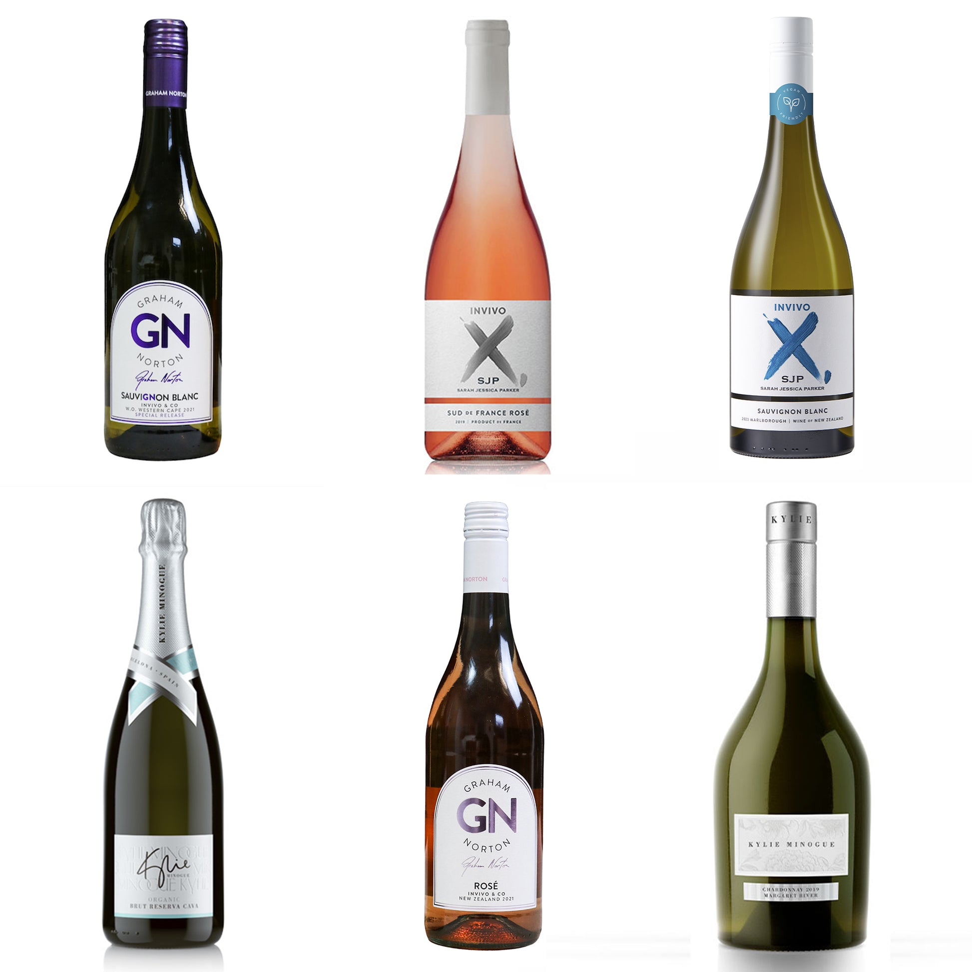 Kylie Minogue Margaret River Chardonnay  Kylie Minogue Organic Brut Reserva Cava  Invino X Sarah Jessica Parker Rosé  Invino X Sarah Jessica Parker Sauvignon Blanc  Graham Norton Rosé  Graham Norton Sauvignon Blanc